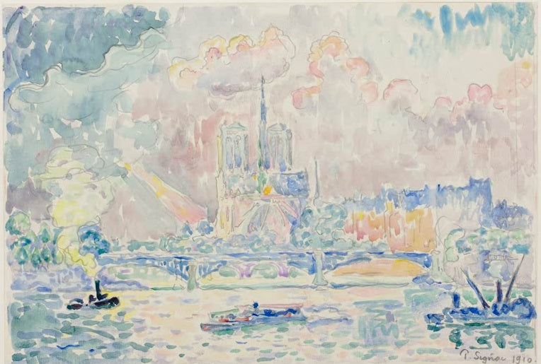 Kathedrale Notre Dame hinter der Seine mit Schleppern in zarten Pastelltönen – Paul Signac Notre Dame Kunstkopie