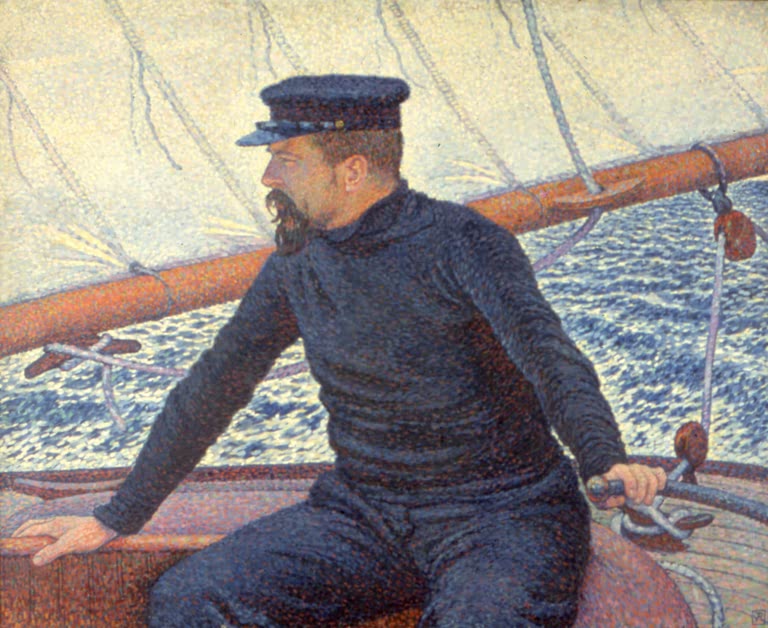 Seemann mit Kapitänsmütze und Vollbart am Steuer vor Segel und Meer – Paul Signac Paul Signac auf seinem Boot Kunstkopie