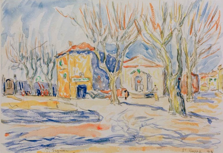 Kahle Platanen vor gelbem Haus im Schnee, Aquarell in zarten Farben – Paul Signac Paysage de Saint-Tropez Kunstkopie