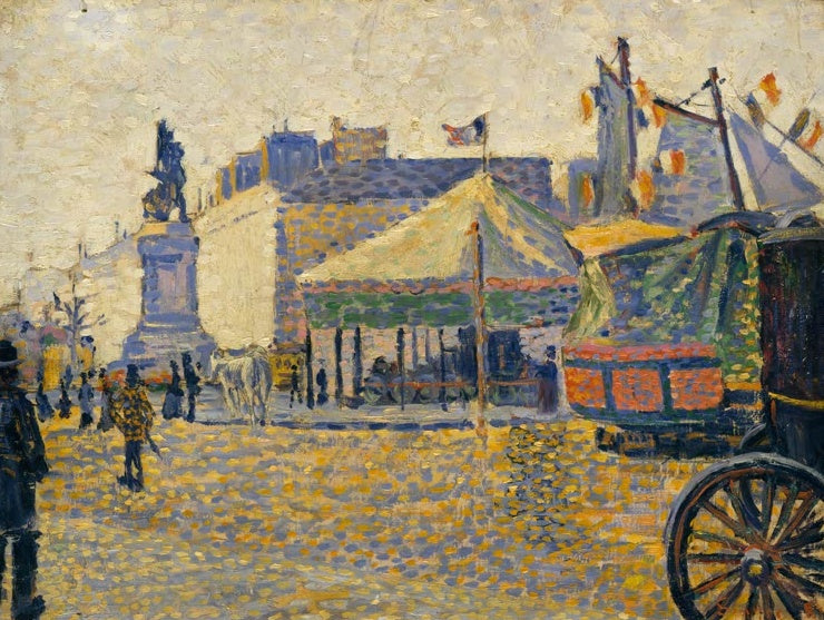 Paul Signac Place de Clichy Kunstkopie, impressionistische Pariser Platzszene mit Passanten und Marktzelten