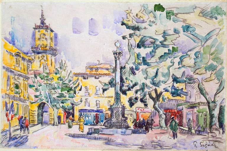 Platz mit Glockenturm, Säule, Platanen und Passanten – Paul Signac Platz des Hôtel de Ville Kunstkopie
