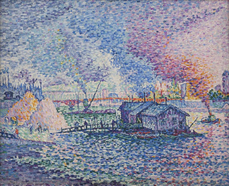 Hausboot und Rauchwolken über der Seine in bunten Farbtupfern – Paul Signac Pont Mirabeau Kunstkopie