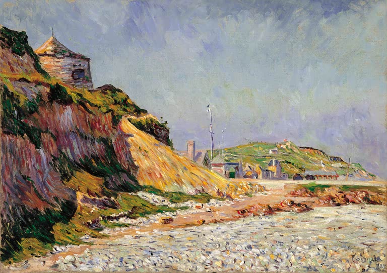 Steile Küste mit Turm über Kiesstrand und bewegtem Himmel – Paul Signac Port-en-Bessin, der Strand Kunstkopie