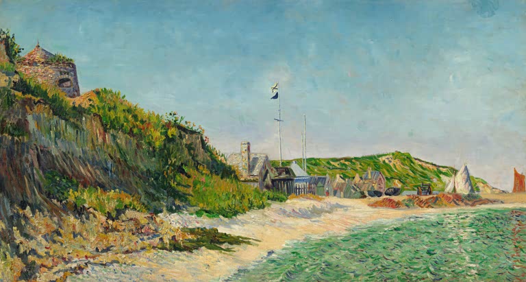 Grüner Uferhang mit Sandweg, Häusern und Fahnenmast unter blauem Himmel – Paul Signac Port-en-Bessin Kunstkopie