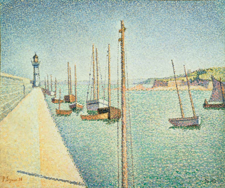 Segelboote im Hafenbecken neben Mole mit Leuchtturm, Mast im Vordergrund – Paul Signac Portrieux, Bretagne Kunstkopie