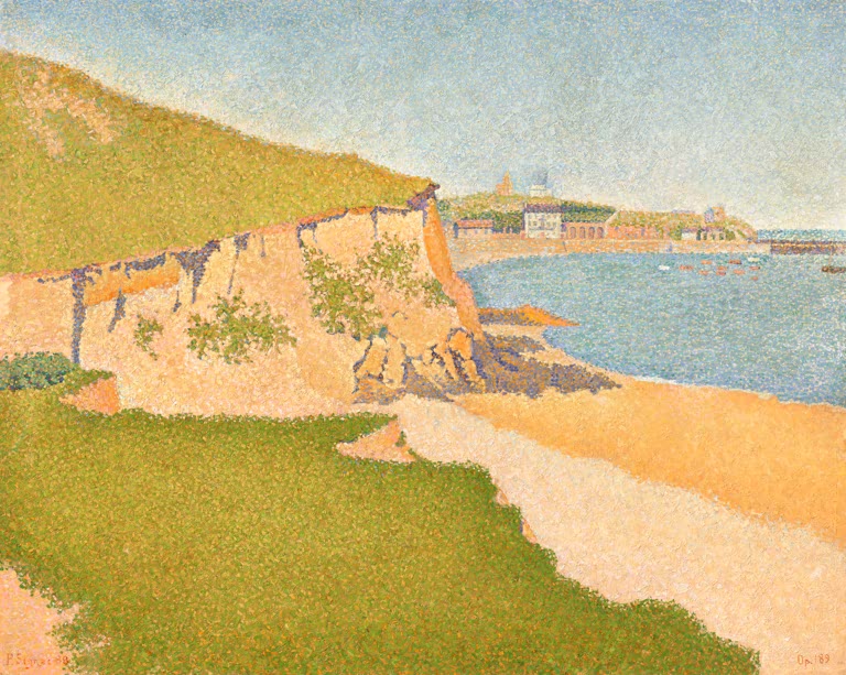 Felsküste mit Sandstrand und grüner Wiese am Meer – Paul Signac Portrieux, Tertre Denis Kunstkopie