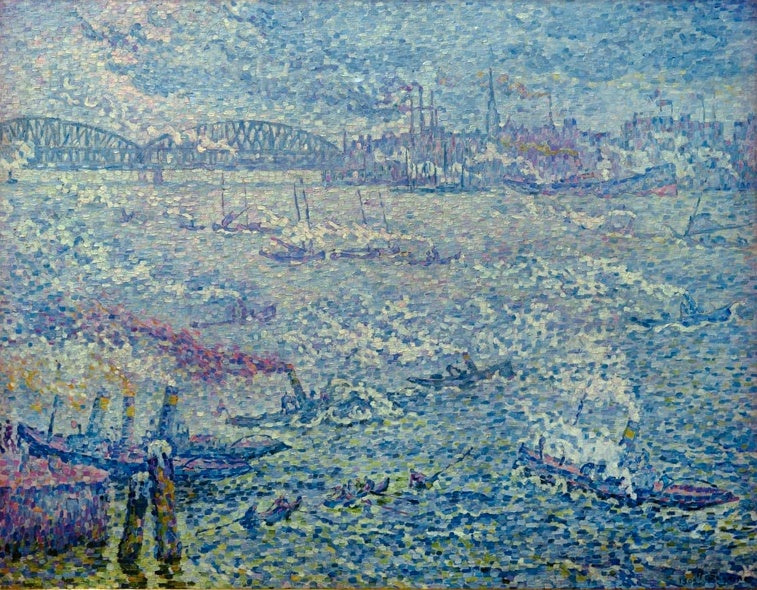 Dampfschiffe vor Eisenbahnbrücke im Hafen, blauer Dunst – Paul Signac Rotterdam - Die Dampfschiffe Kunstkopie