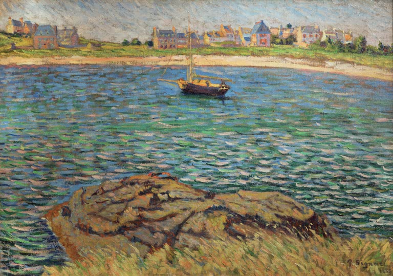 Segelboot auf grün-blau gekräuseltem Wasser vor Küstendorf – Paul Signac Saint-Briac, Le Béchet Kunstkopie