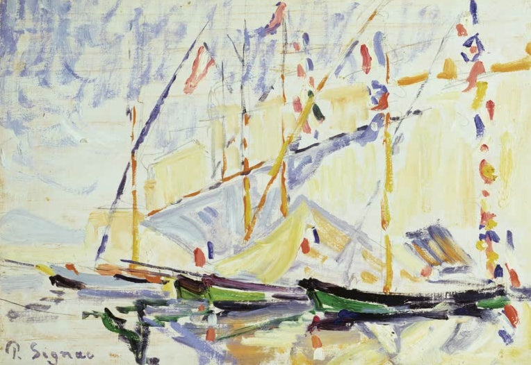 Paul Signac Saint-Tropez Boote Kunstkopie, Aquarellskizze bewimpelter Fischerboote im Hafen von Saint-Tropez