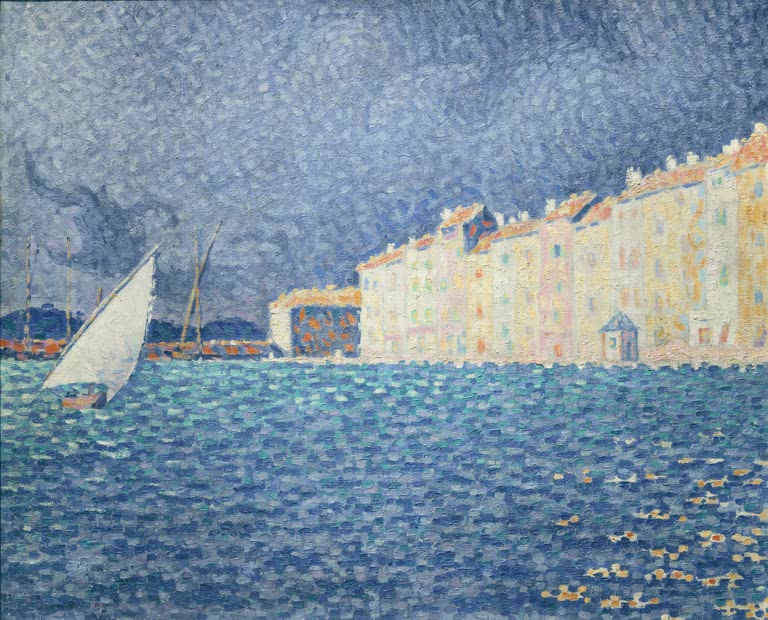 Weiße Segel und helle Häuserfront unter Gewitterhimmel am blauen Meer – Paul Signac Saint-Tropez, Das Gewitter Kunstkopie