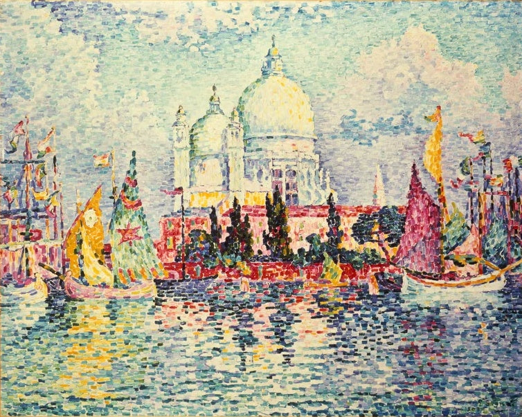 Paul Signac Santa Maria della Salute Venedig Kunstkopie, farbenfrohe Boote vor weißer Kuppelkirche am Canal Grande