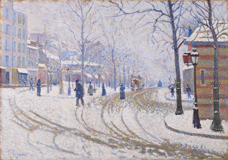 Verschneiter Pariser Boulevard mit Passanten und Bäumen – Paul Signac Schnee, Boulevard de Clichy Kunstkopie