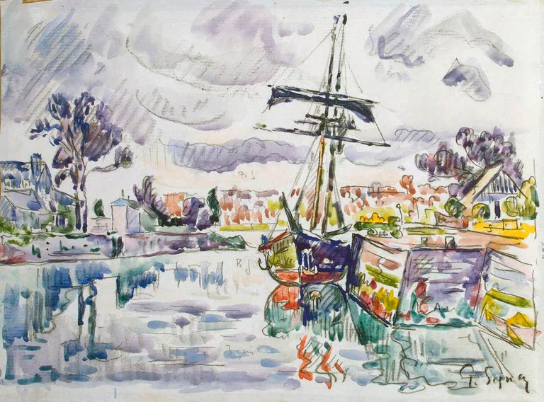 Segelschiff mit Takelage am Kai, Häuser und Bäume spiegeln sich im Wasser – Paul Signac Segelboot am Pier Kunstkopie