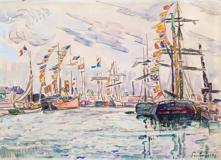 Beflaggte Segelschiffe an einem Pier in Saint-Malo – Paul Signac Segelboote mit Festtagsfahnen Kunstkopie