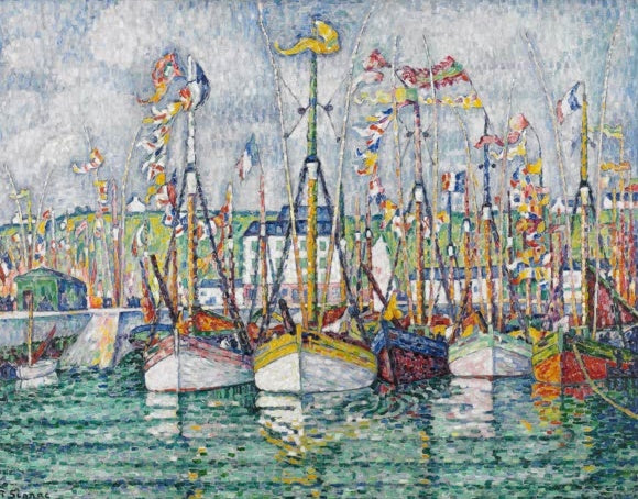Thunfischboote mit bunten Wimpeln im Hafen – Paul Signac Segnen der Thunfischflotte bei Groix Kunstkopie