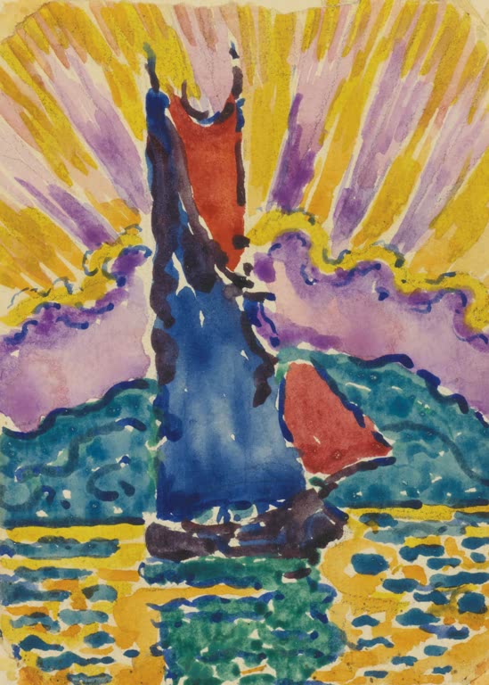 Blaues Segel vor strahlenförmig leuchtender gelb-violetter Sonne über türkisem Meer – Paul Signac Sonnenuntergang Kunstkopie