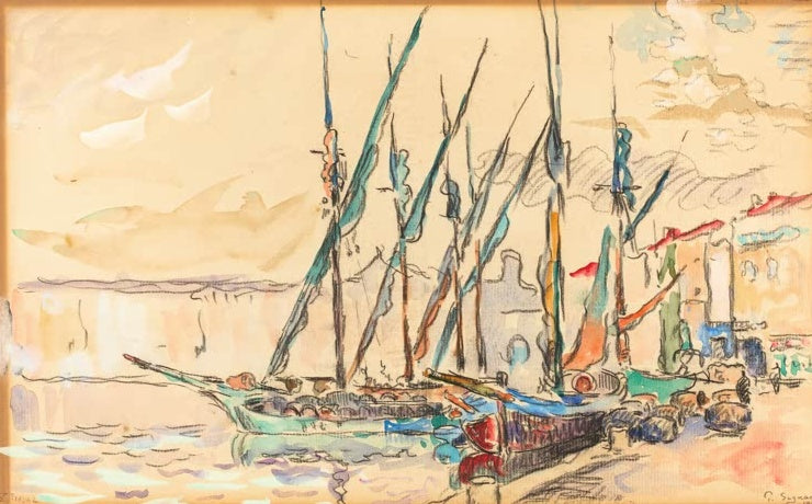 Hafen mit Segelbooten und hohen Masten in warmen Gelbtönen – Paul Signac St. Tropez Kunstkopie
