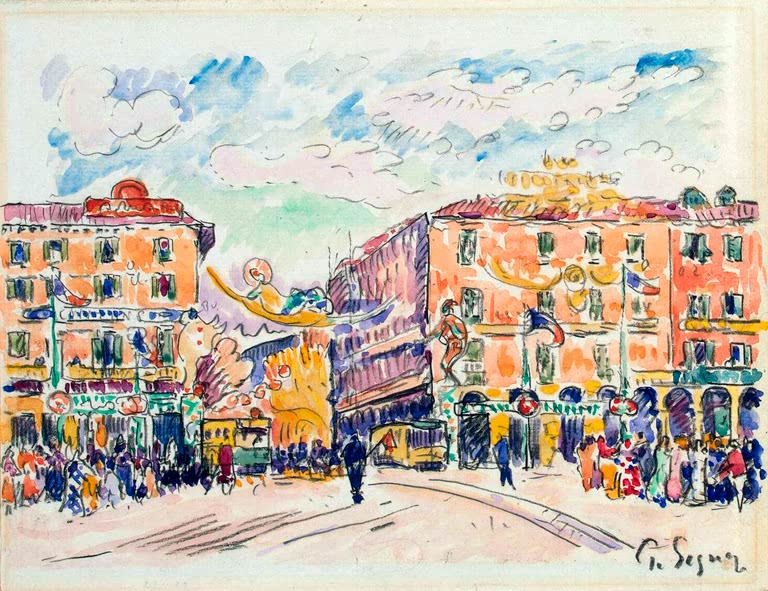 Belebter Platz mit orangefarbenen Häusern und Festschmuck – Paul Signac Stadtplatz Kunstkopie