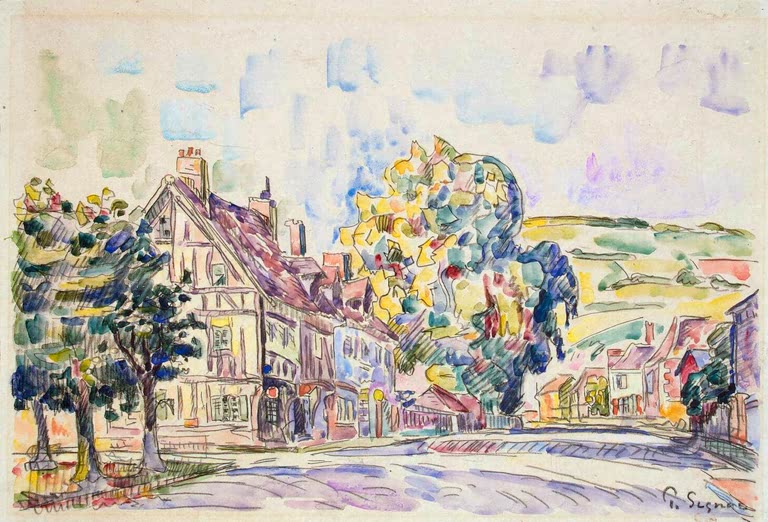 Dorfstraße mit Fachwerkhaus und bunten Bäumen – Paul Signac Straße mit Fachwerkhaus Kunstkopie