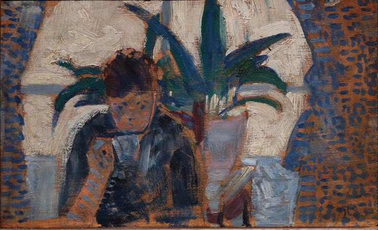 Skizze eines Jungen am Tisch mit Zimmerpflanze – Paul Signac Studie zu Das Speisezimmer Kunstkopie
