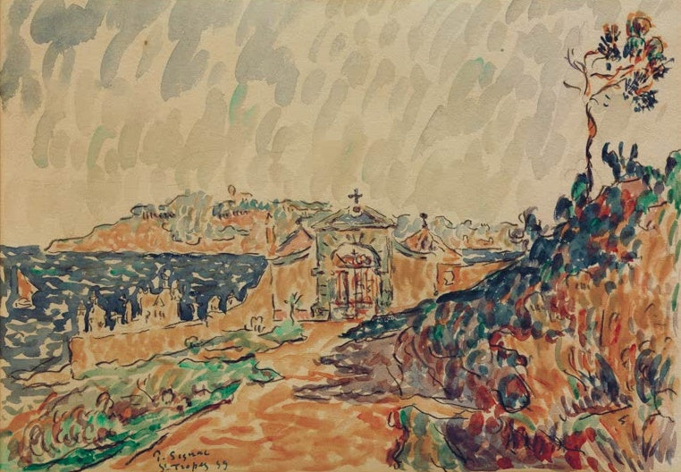 Küstenweg mit Kapellentor und Bäumen über blauer Bucht – Paul Signac Vue de la baie de Saint-Tropez Kunstkopie