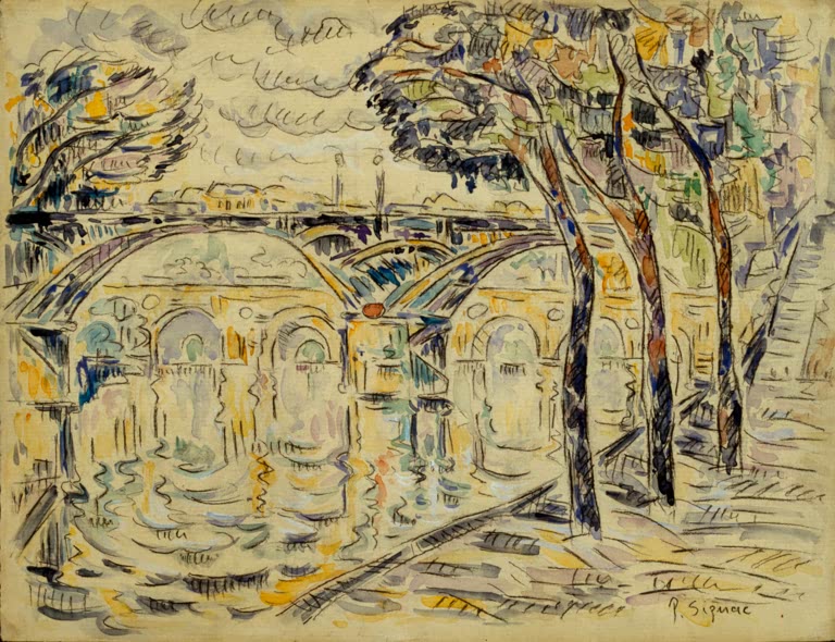 Steinbrücke und hohe Bäume am Fluss in gelblichen Tönen – Paul Signac Vue de la Seine Kunstkopie