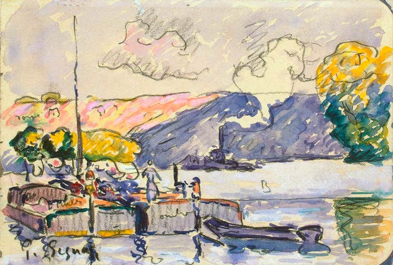 Lastkähne und Boot am Ufer vor bewaldeten Hügeln – Paul Signac Zwei Lastkähne in Samois Kunstkopie
