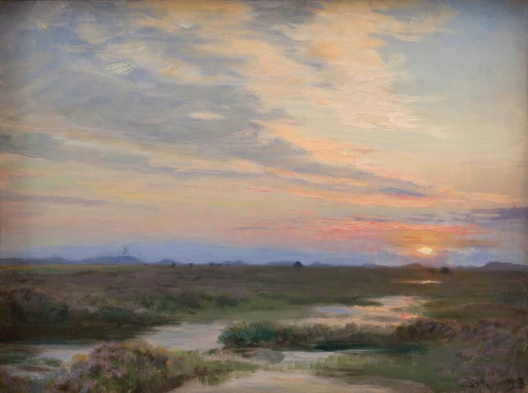 Heidelandschaft mit Wasserlauf unter Abendhimmel – Peder Severin Kröyer Abend in Skagen Kunstkopie