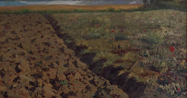 Gepflügter Acker mit Mohnblumen unter weitem Himmel – Peder Severin Kröyer Acker bei Sora Kunstkopie