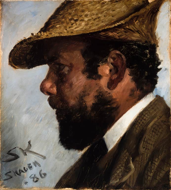 Männerprofil mit Strohhut und dunklem Vollbart vor hellem Grund – Peder Severin Kröyer Adrian Stokes Kunstkopie