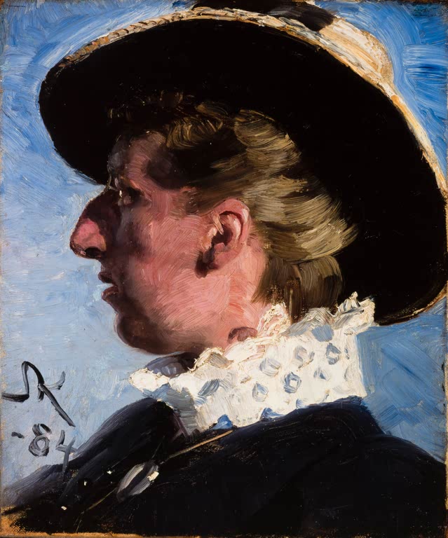 Profilbildnis einer Frau mit Strohhut und Spitzenkragen vor blauem Grund – Peder Severin Kröyer Anna Palm Kunstkopie