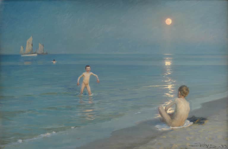 Zwei nackte Jungen baden im Mondlicht am Meer – Peder Severin Kröyer Badende Jungen bei Skagen Kunstkopie