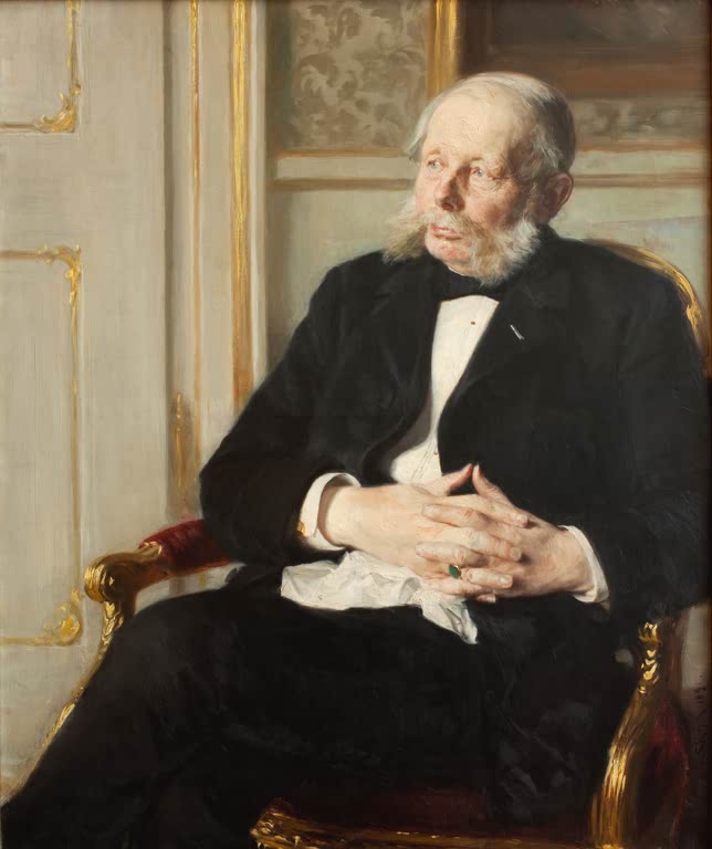 Älterer Herr im schwarzen Anzug im vergoldeten Sessel – Peder Severin Kröyer Baron Otto Ditlev Rosenørn-Lehn Kunstkopie