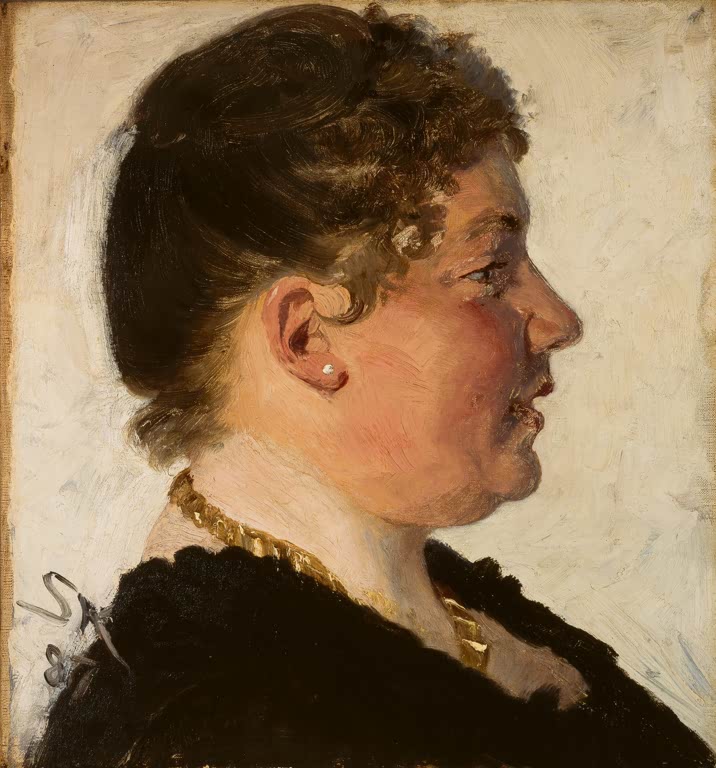 Frauenprofil mit Perlenohrring und goldener Kette vor hellem Grund – Peder Severin Kröyer Beatrice Diderichsen Kunstkopie