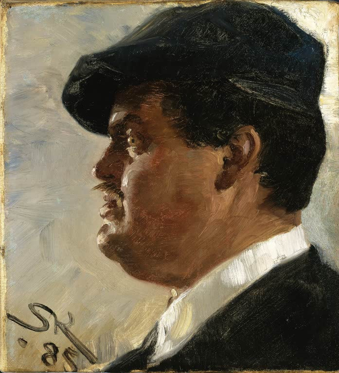 Männerprofil mit Schnurrbart, schwarzer Mütze und weißem Hemdkragen – Peder Severin Kröyer Carl Locher Kunstkopie