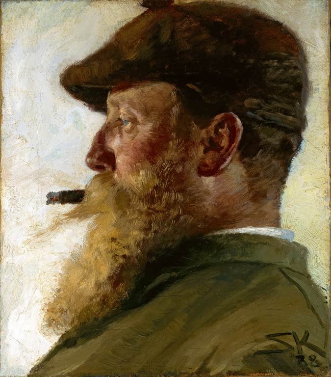 Männerprofil mit Schiebermütze, Vollbart und Zigarre vor hellem Grund – Peder Severin Kröyer Christian Krohg Kunstkopie