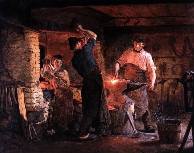 Drei Schmiede arbeiten im Feuerschein einer Schmiede – Peder Severin Kröyer Drei Schmiede in Hornbæk, Dänemark Kunstkopie