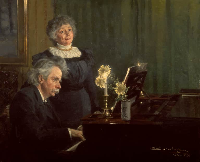 Pianist am Flügel, daneben singende Frau – Peder Severin Kröyer Edvad Grieg begleitet seine Frau am Flügel Kunstkopie