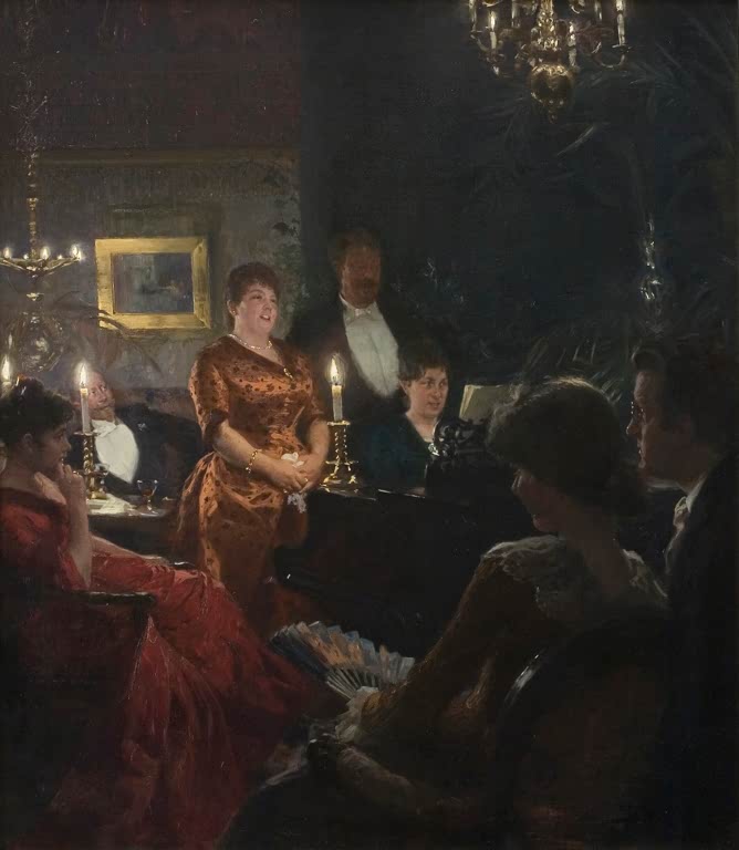Abendliche Gesellschaft lauscht einer singenden Frau – Peder Severin Kröyer Ein Duett Kunstkopie