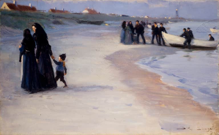 Frauen mit Kind am Strand, Fischer am Boot – Peder Severin Kröyer Ein weißes Boot am Strand Kunstkopie