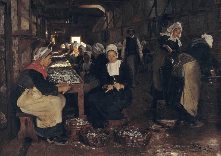 Frauen in Hauben säubern Sardinen – Peder Severin Kröyer Eine Sardinenkonservenfabrik in Concarneau Kunstkopie