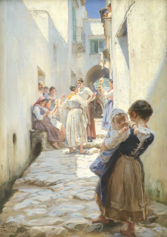 Sonnige Gasse mit Frauen, Mädchen trägt Kleinkind – Peder Severin Kröyer Eine Straße in Torello, Italien Kunstkopie
