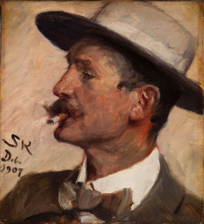 Männerprofil mit hellem Hut, Schnurrbart, Zigarette und Fliege – Peder Severin Kröyer Hans Gyde Petersen Kunstkopie