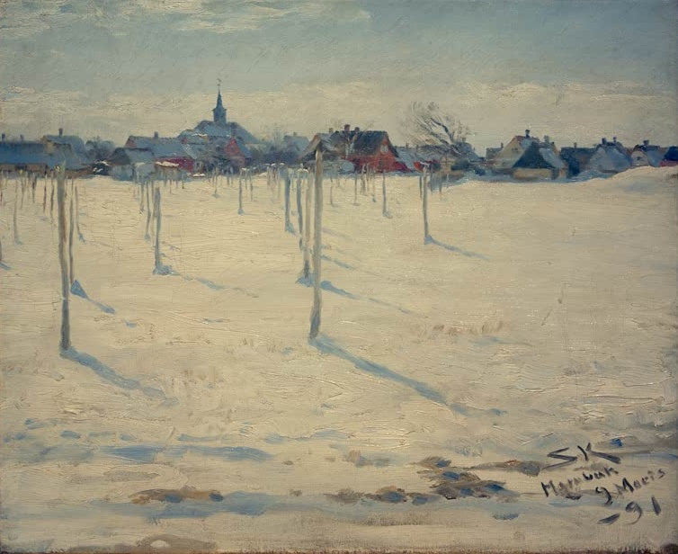 Verschneite Felder vor dem Dorf mit Kirchturm – Peder Severin Kröyer Hornbaek im Winter Kunstkopie