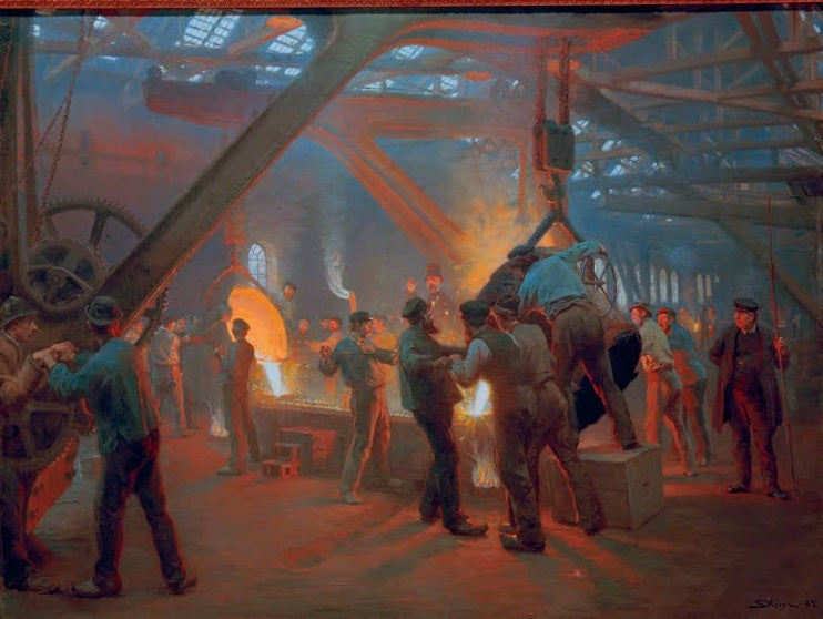 Arbeiter vor glühendem Metall in der Gießerei – Peder Severin Kröyer In der Eisengießerei von Burmeister & Wain Kunstkopie