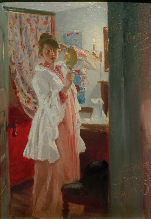 Frau in Weiß hält einen Handspiegel in der Tür – Peder Severin Kröyer Interieur. Die Frau des Künstlers Kunstkopie