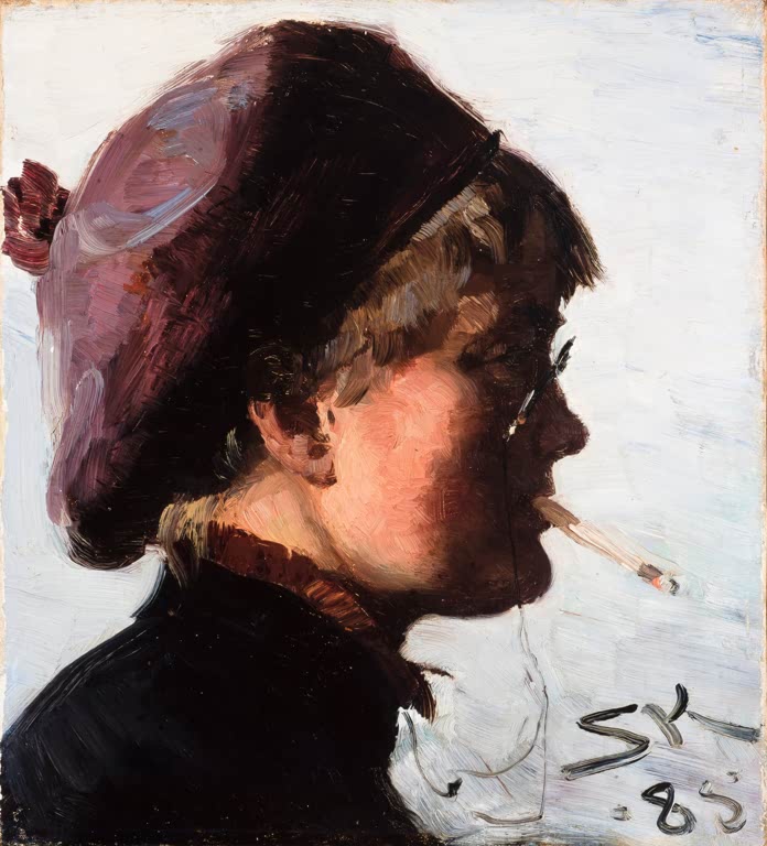 Profil einer Frau mit violetter Haube, Brille und Zigarette – Peder Severin Kröyer Julia Strömberg Kunstkopie