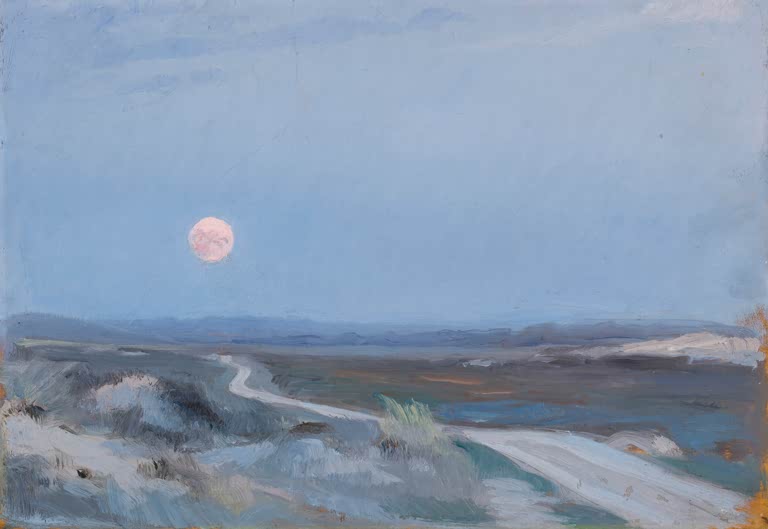 Rosa Mond über blaugrauer Dünenlandschaft mit Sandweg – Peder Severin Kröyer Landschaft von Stenbjerg mit Mond Kunstkopie