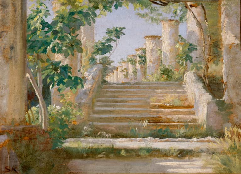 Steintreppe zwischen Säulen und Feigenbäumen im Sonnenlicht – Peder Severin Kröyer Loggia in Ravello Kunstkopie