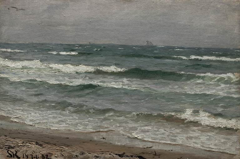 Graue Wellen laufen unter wolkigem Himmel an den Strand – Peder Severin Kröyer Meereslandschaft Kunstkopie